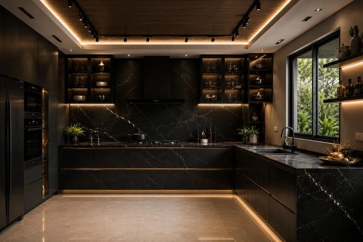 Modern black kitchen with dark marble countertops, black cabinets, and warm lighting.