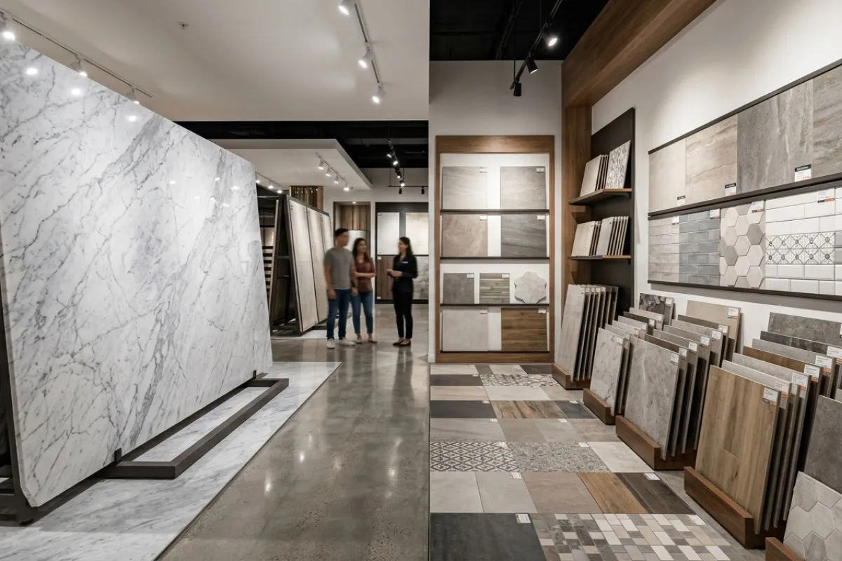 People looking at a Marble vs Tiles showroom with different flooring options.