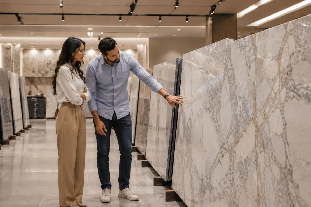 A man and a woman looking at large white marble slabs in a showroom.