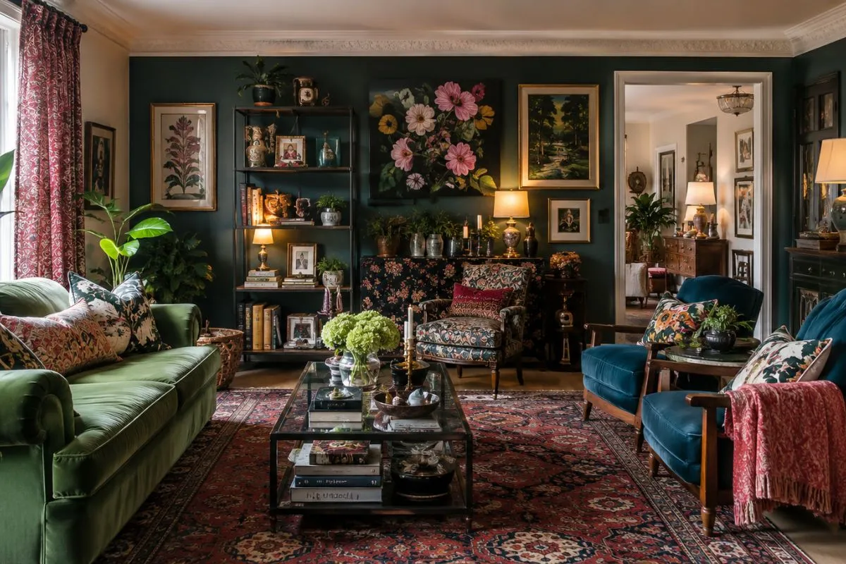 A dark green living room packed with colorful flower paintings, velvet sofas, a patterned rug, and crowded shelves.