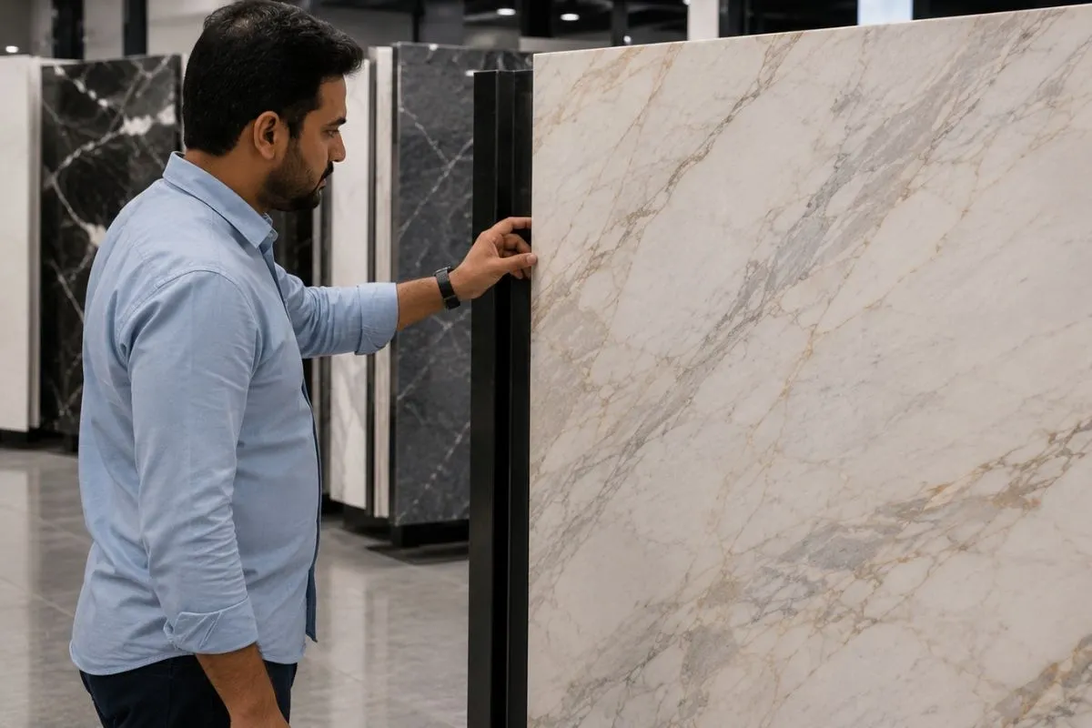A man in a blue shirt touches a large, upright Kitchen Marble Slab in a shop.