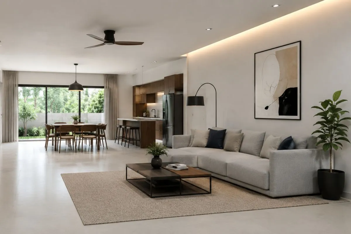 A wide, bright open room with a grey couch, a simple dining table set, and a clean kitchen in the background.