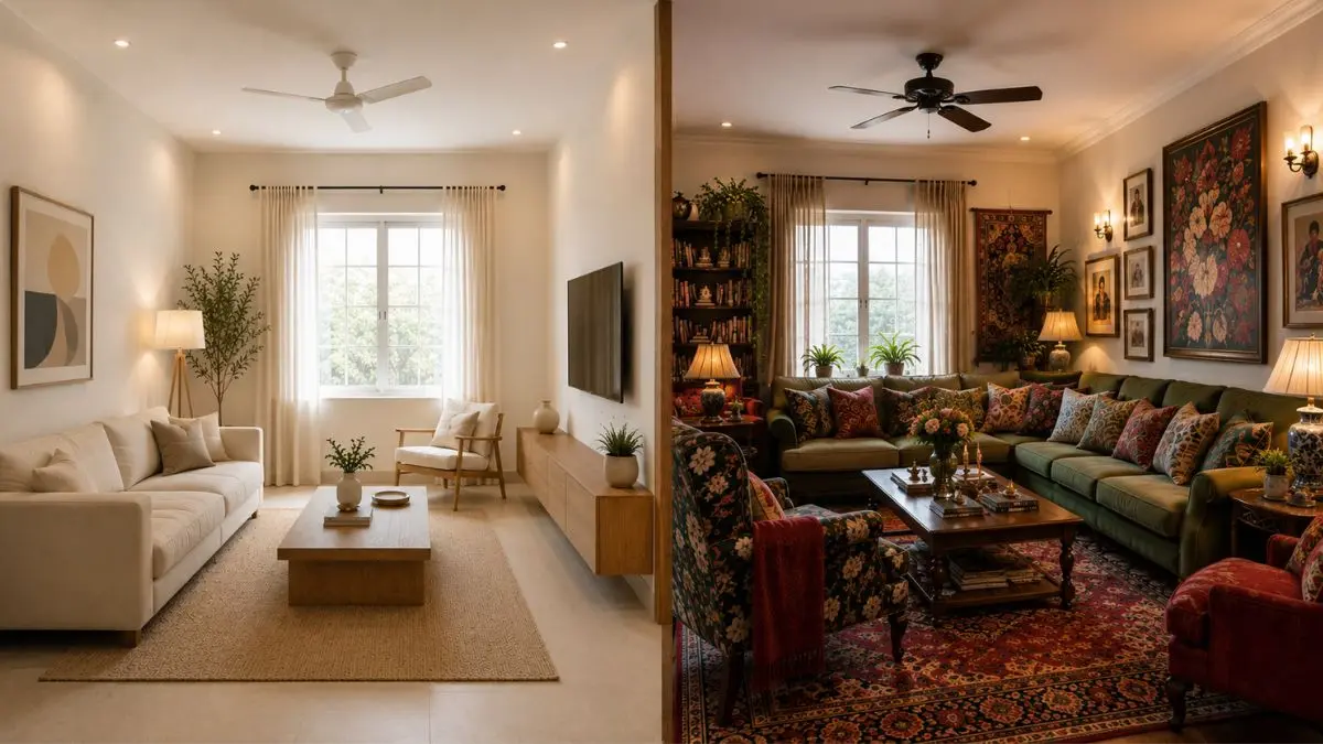 Side-by-side view of a simple white living room next to a very colorful, crowded room filled with many decorations.