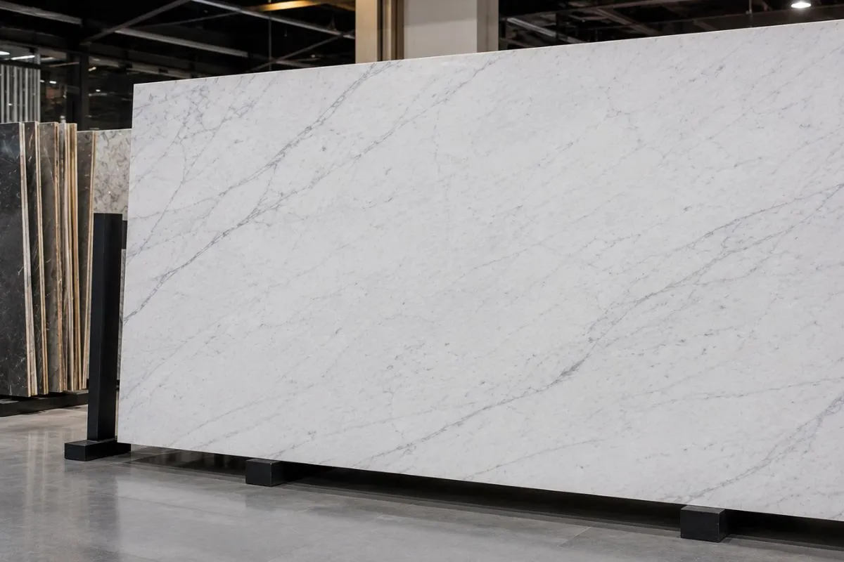 A large, clean white marble slab with very light gray veins.