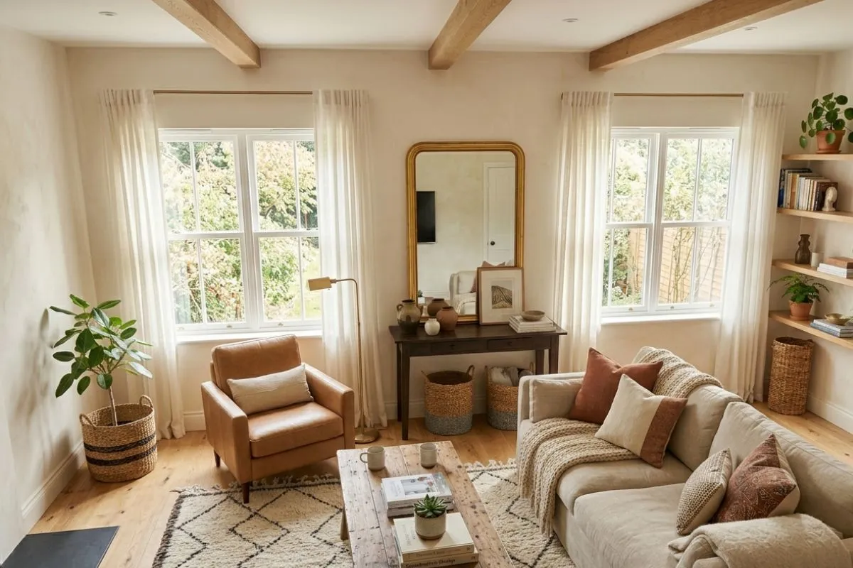 A cozy living room with warm white paint, wooden ceiling beams, and soft natural daylight.