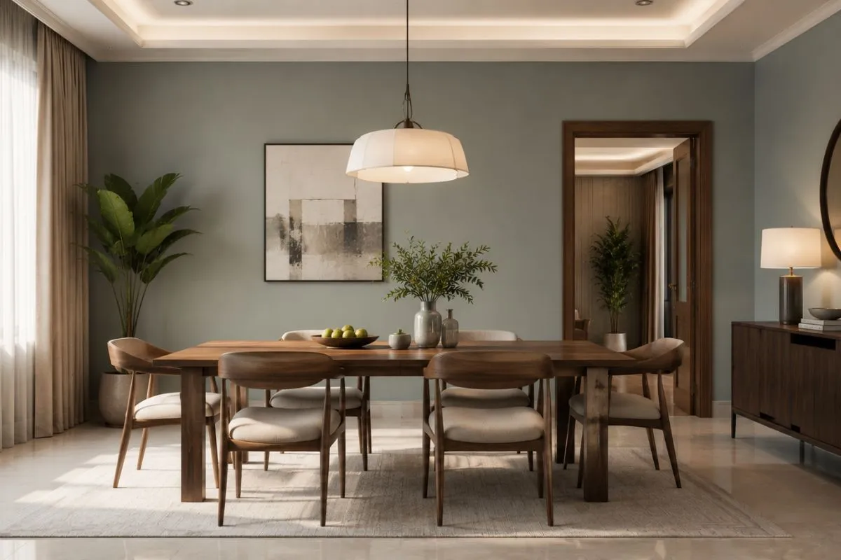 Modern dining room with a smooth sage green wall, a wooden table, and minimalist decor.
