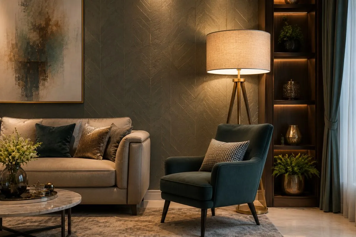 A tripod brass floor lamp shines brightly behind a dark green reading chair in a stylish living room.