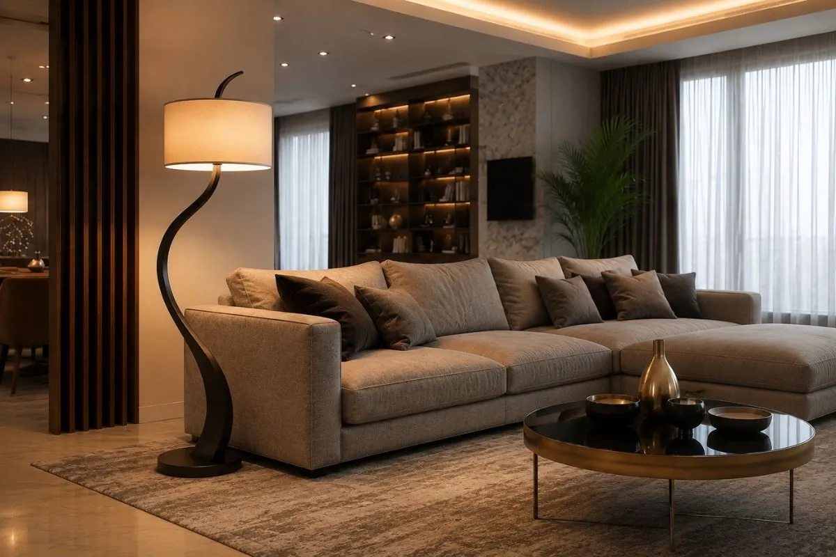 A curved black floor lamp stands next to a large, comfortable gray sectional sofa in a modern living room.