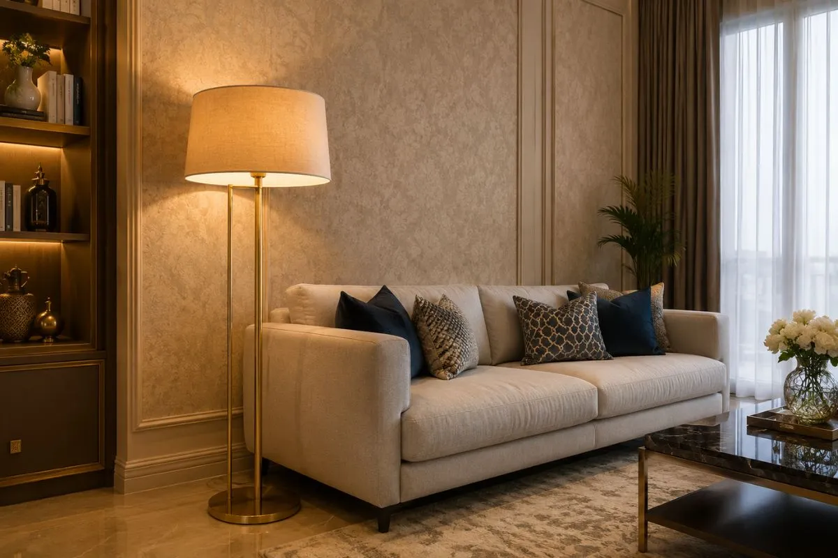 A tall gold floor lamp stands beside a modern beige sofa with patterned pillows in a warm living room.