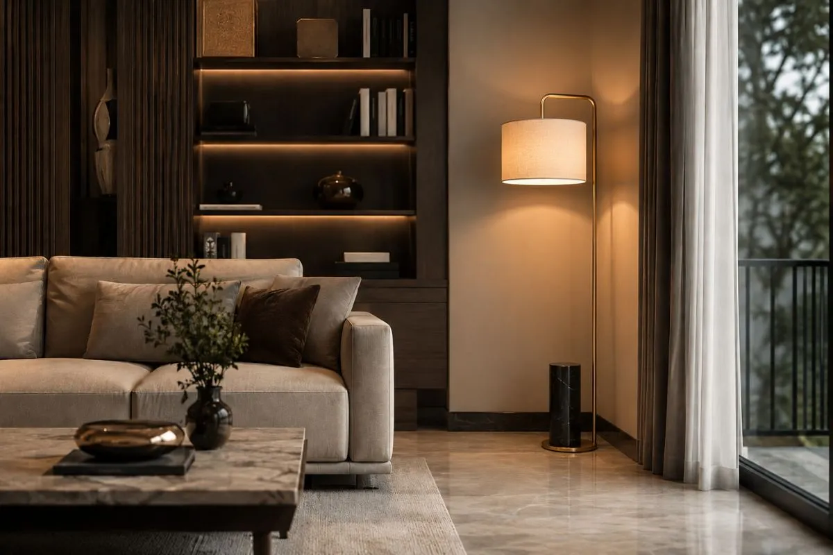 A sleek gold floor lamp glows gently in an empty corner next to a window and a comfortable beige sofa.