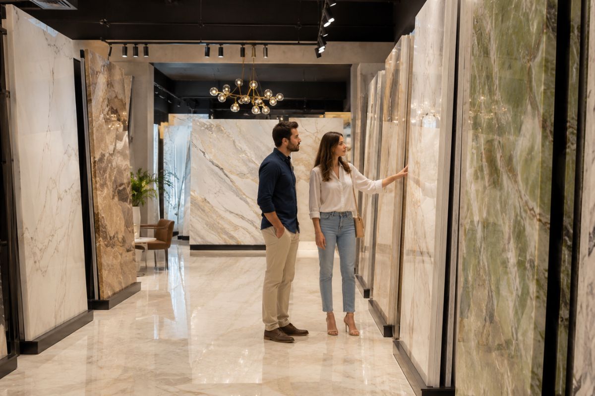 A couple looking at different large marble slabs in a showroom.