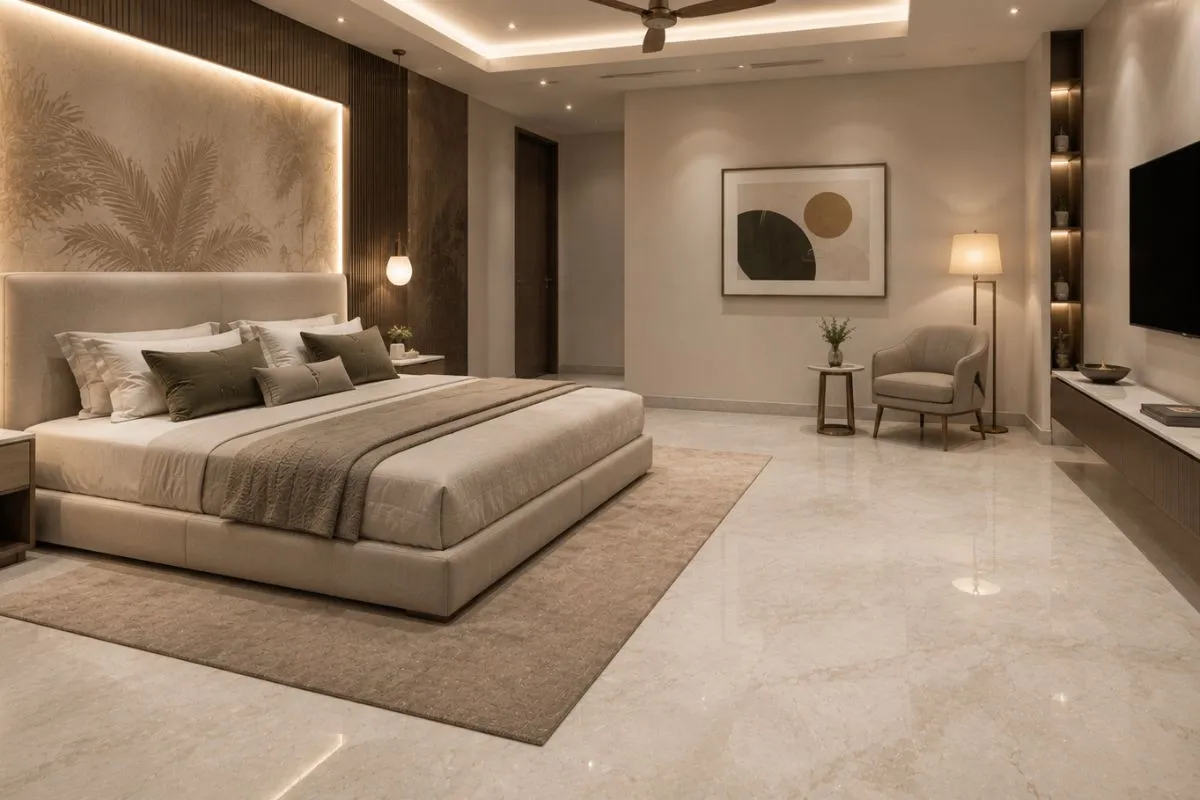 A cozy bedroom with a big bed and shiny marble flooring.