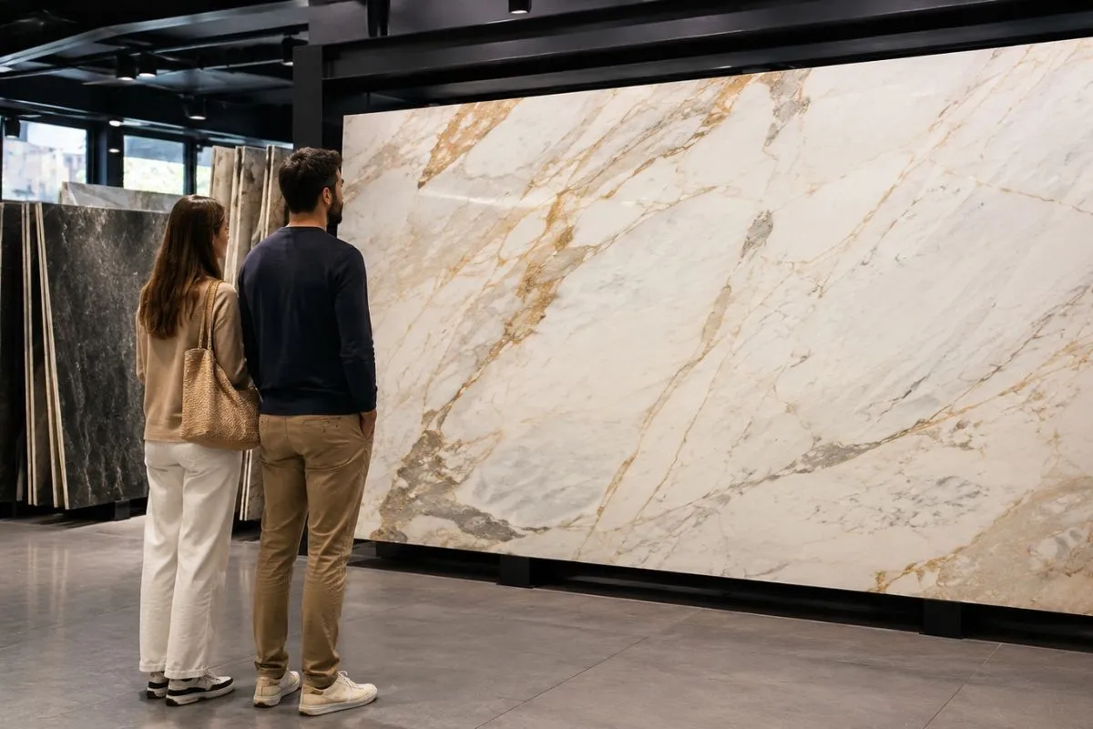 A couple looks closely at a huge, beautiful Kitchen Marble Slab inside a big showroom.