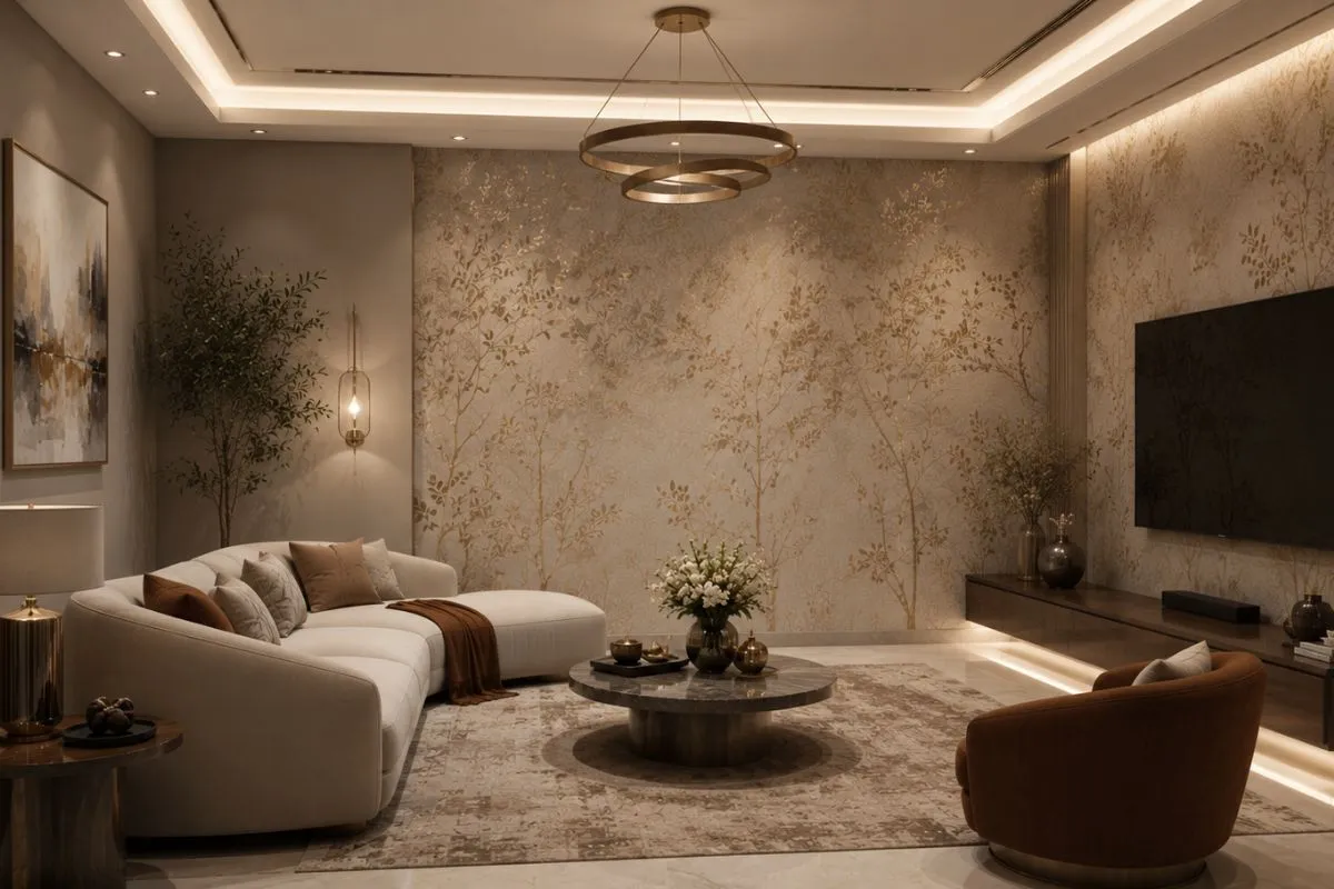 Elegant living space featuring a metallic tree pattern on the wall, showing how a textured wallpaper vs paint gives a luxury look.
