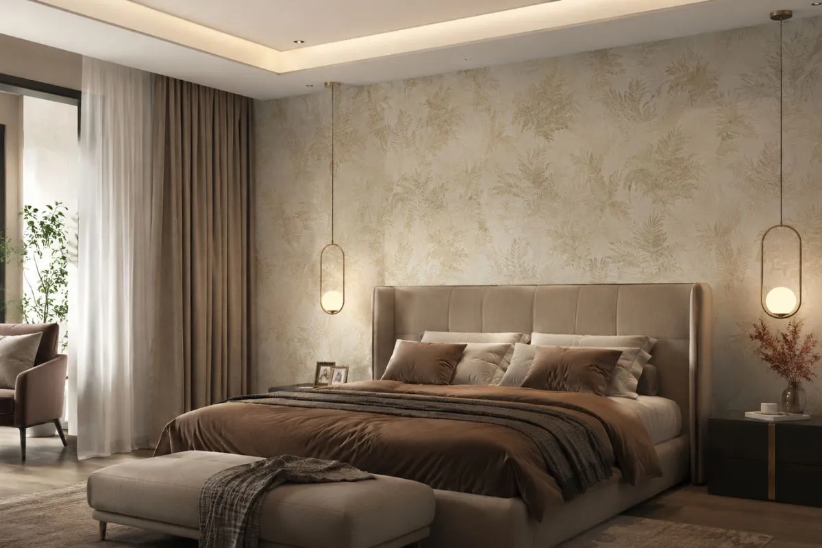 Peaceful bedroom with soft leaf patterns on the feature wall, demonstrating how a cozy wallpaper vs paint choice warms up a space.
