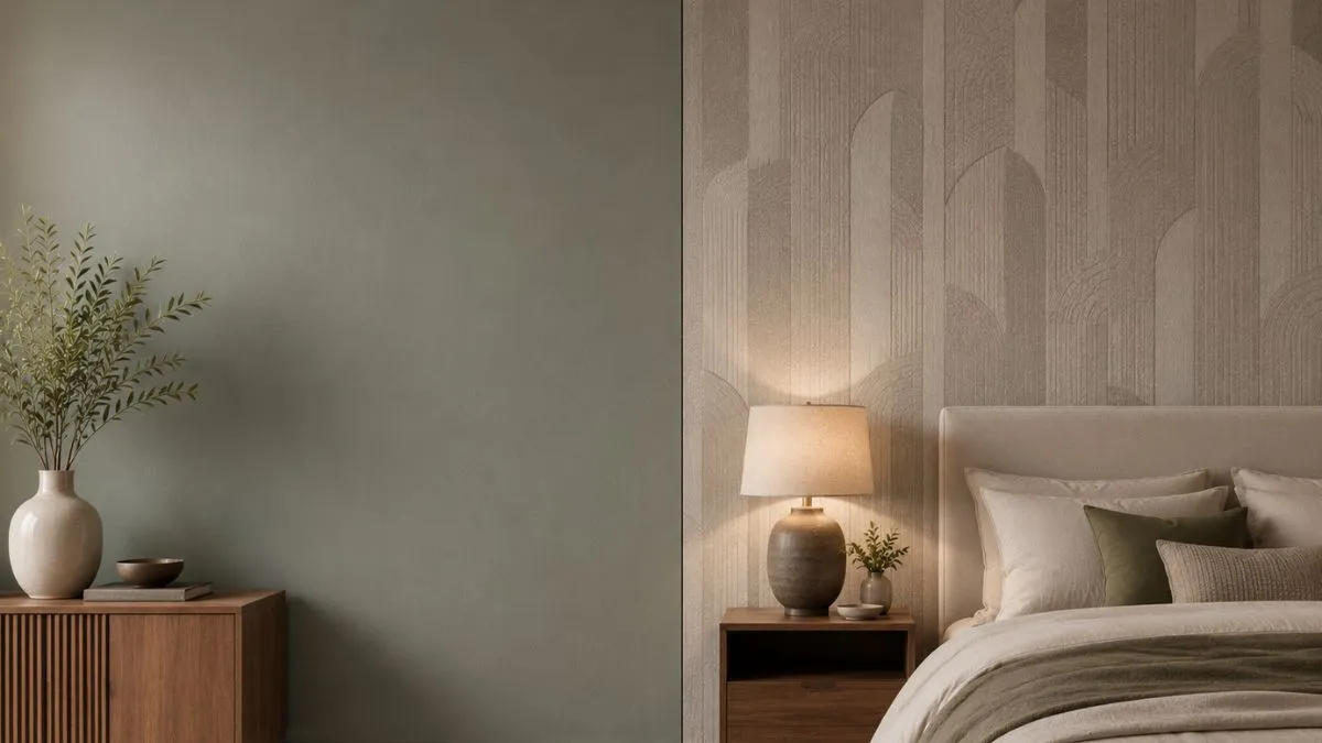 Side-by-side view comparing a plain sage green painted wall with a textured beige patterned wallpaper behind a bed.