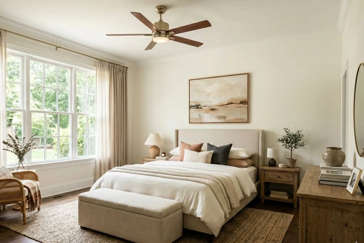A beautiful bedroom with warm white paint on walls, a wooden bed, and a brown ceiling fan.