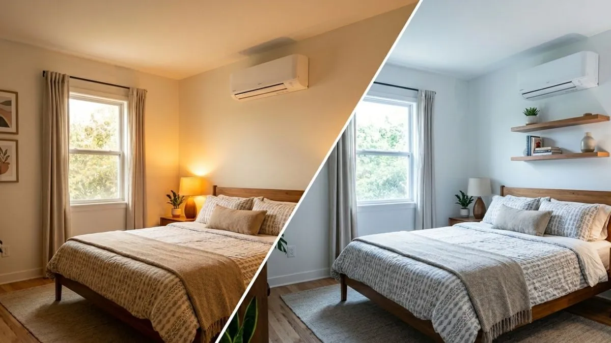 Diagonal split view of a bedroom comparing warm white tone on left with cool white on right.