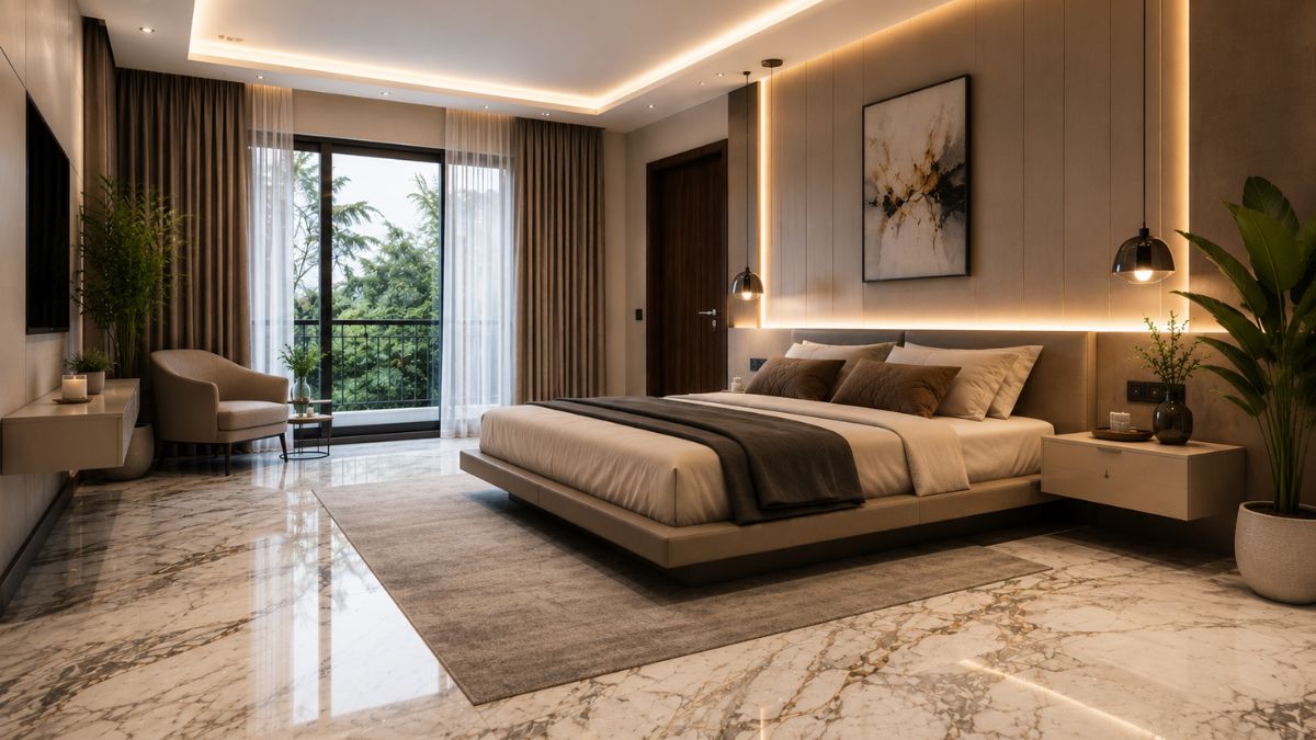 Luxury bedroom with a shiny marble floor and cozy warm lighting.