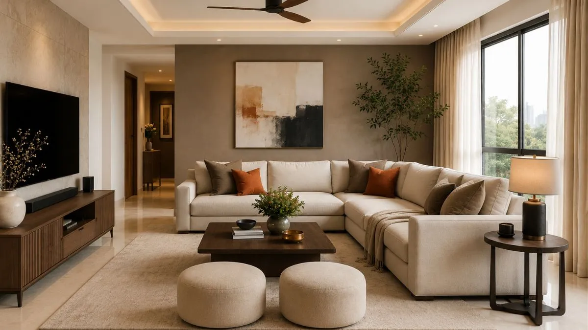 Warm living room with a beige sectional couch, brown accent wall, and small orange accent pillows.