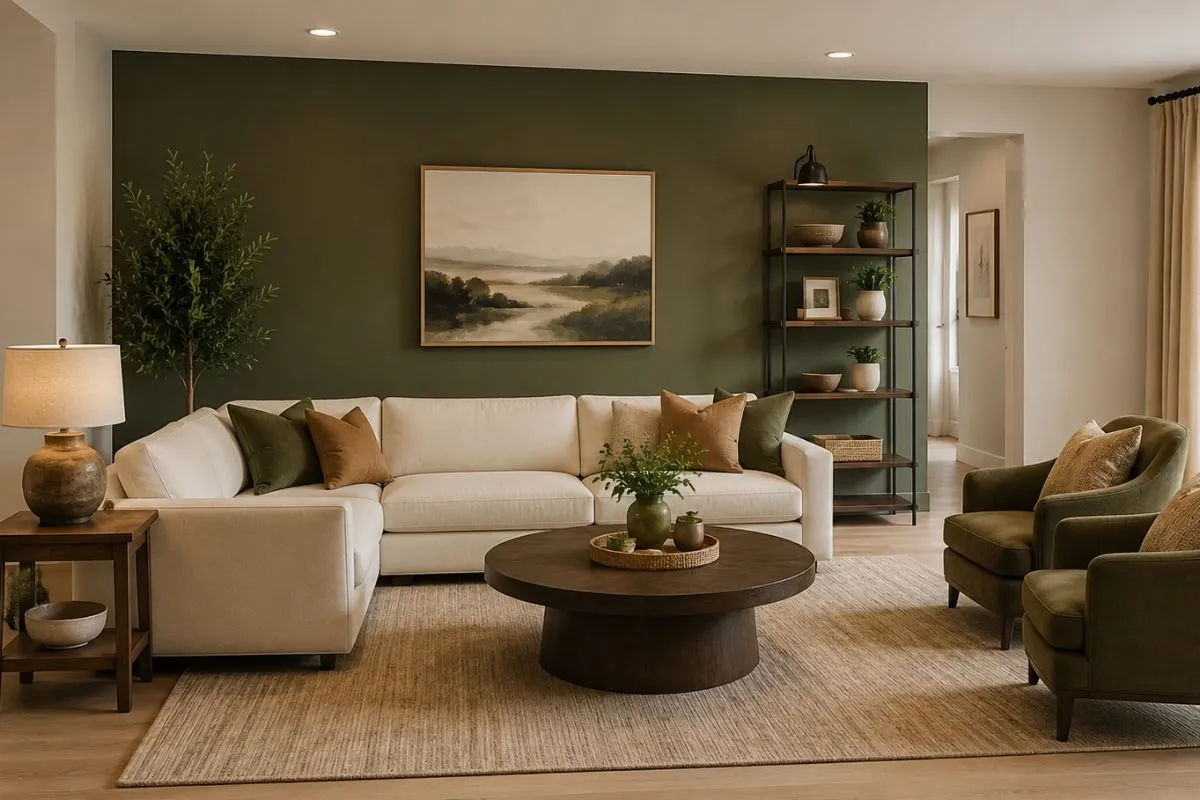 Living room featuring a dark olive green accent wall, a cream sectional sofa, and a round wood table.