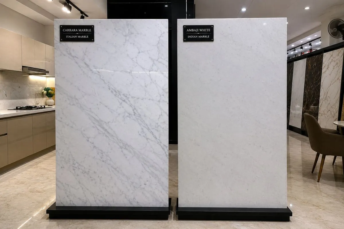 Two white marble sample slabs side by side in a showroom.