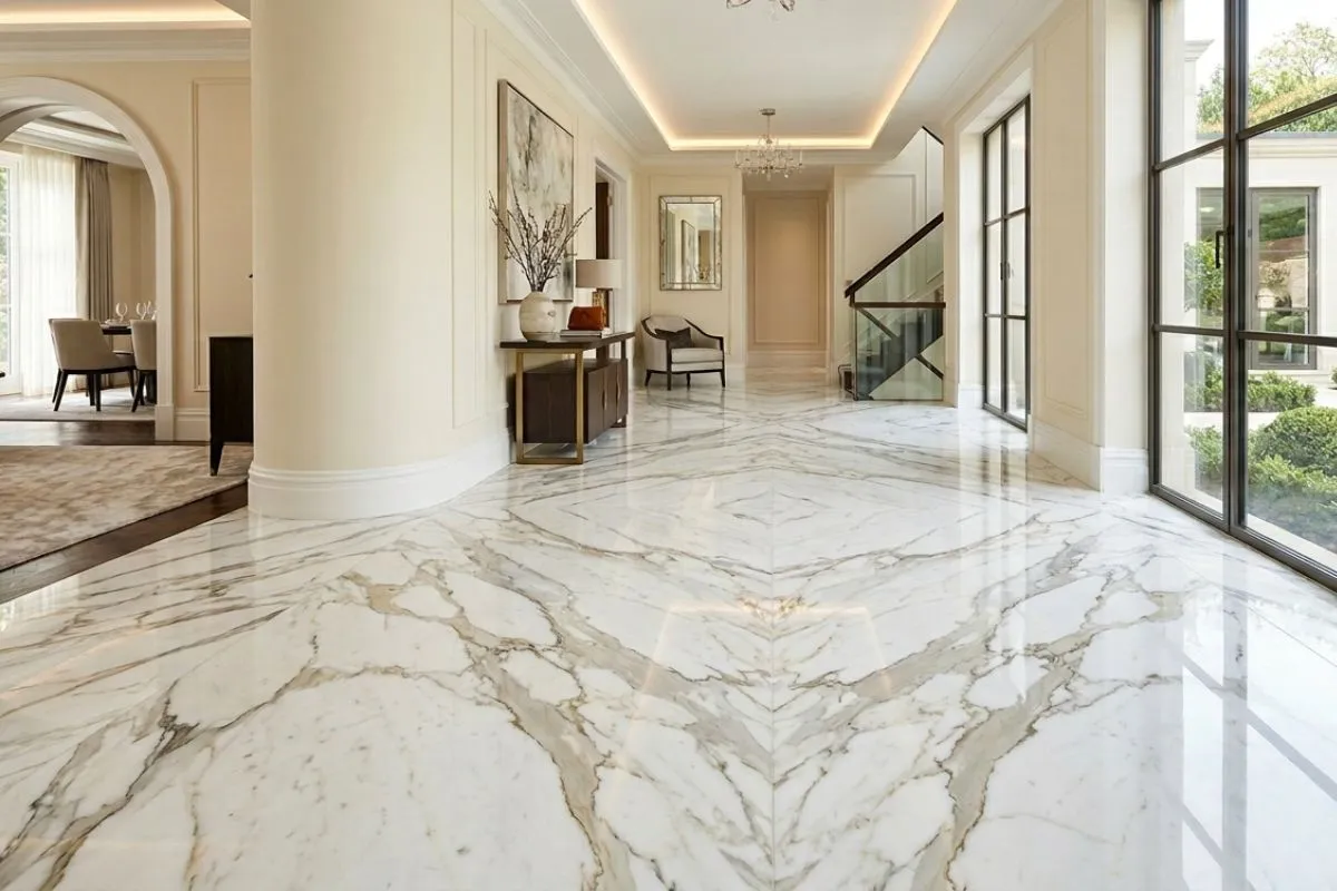 A grand home hallway showing a beautiful Marble vs Tiles shiny luxury floor.