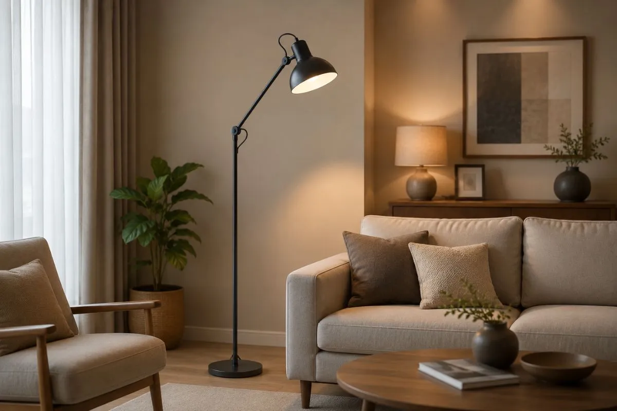 An adjustable black floor lamp stands between a cozy armchair and a soft beige sofa in a living room.