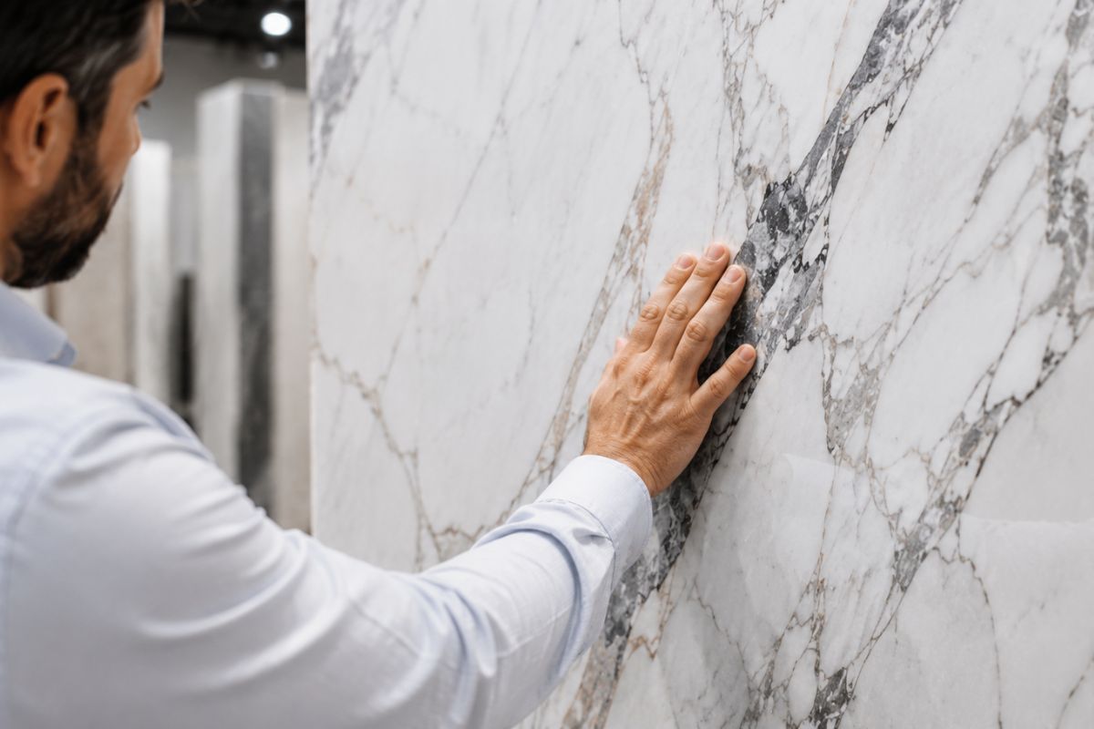 Man's hand touching a large white marble slab with grey patterns.