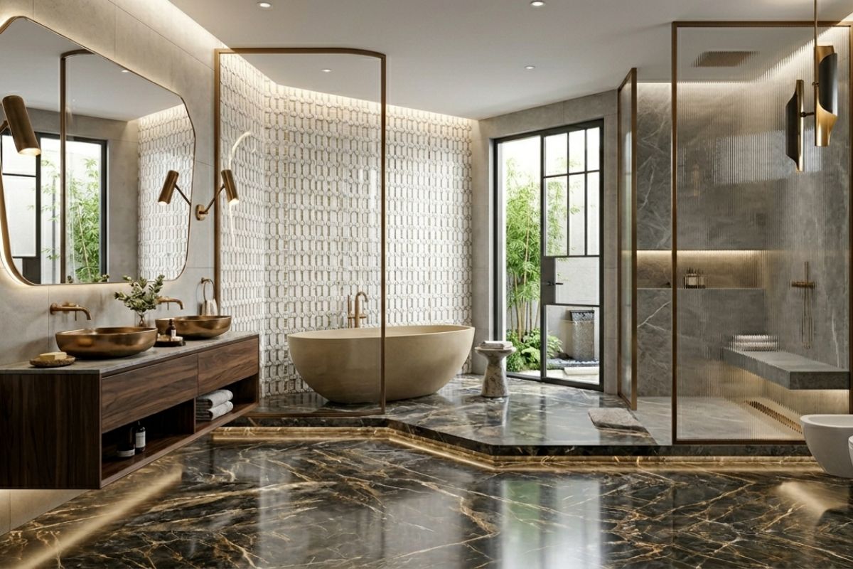 Modern bathroom with dark, elegant Michelangelo Marble flooring and a tan tub.