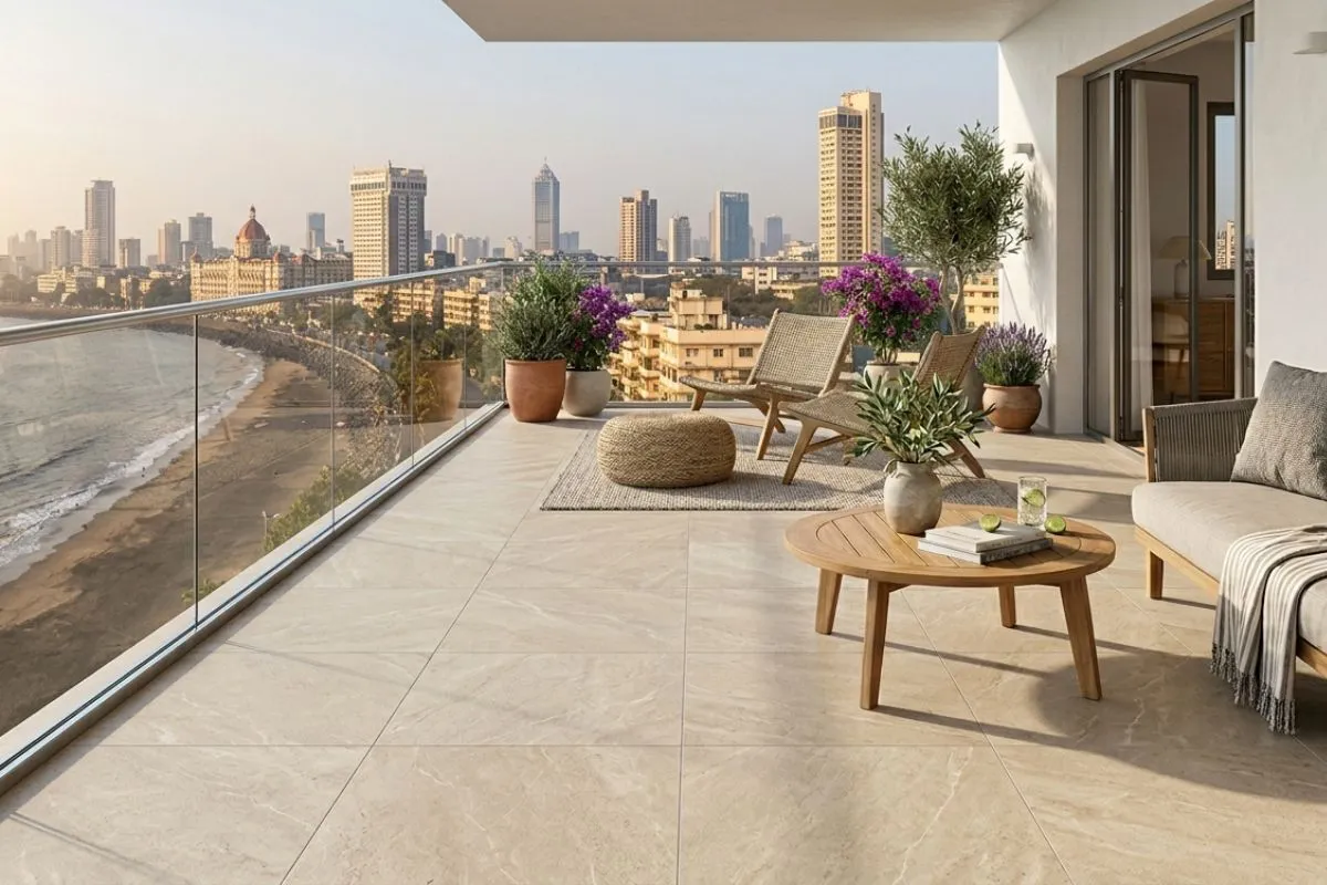 A sunny city balcony area featuring a modern outdoor Marble vs Tiles floor.