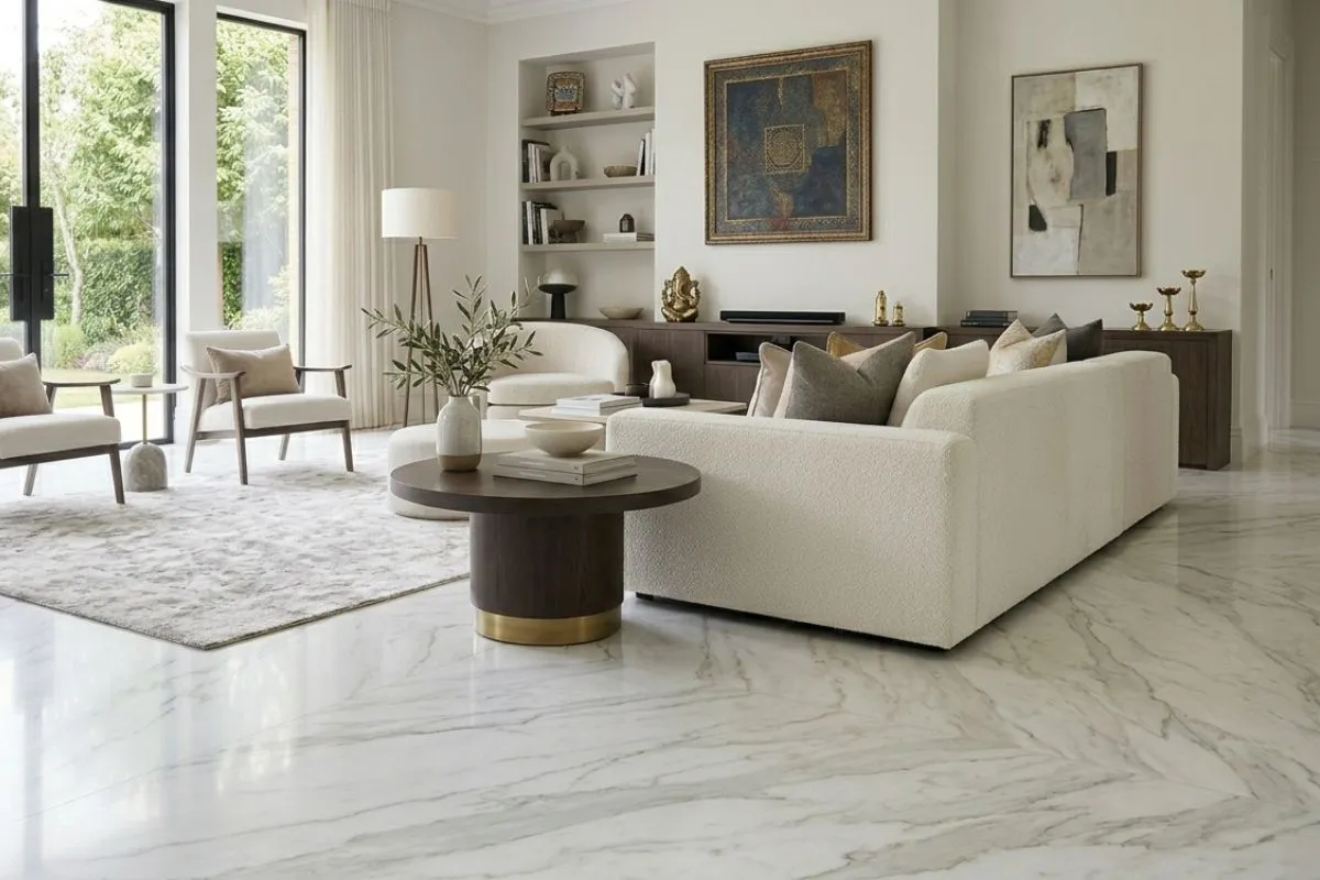 A bright luxury living room showcasing a smooth bright Marble vs Tiles floor.