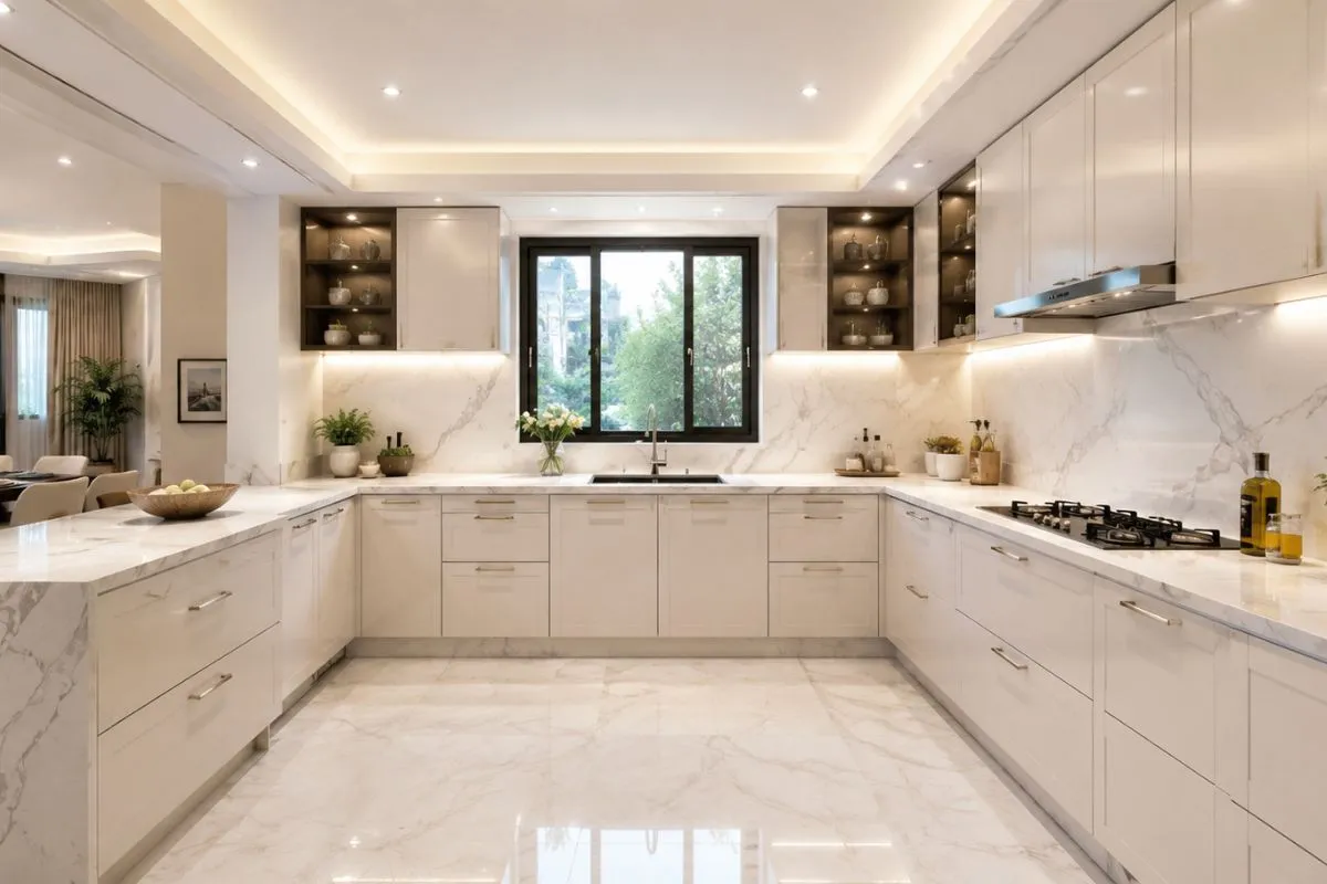 Bright modern white marble kitchen with U-shaped cabinets, central window to garden, gas cooktop, and warm recessed lighting.