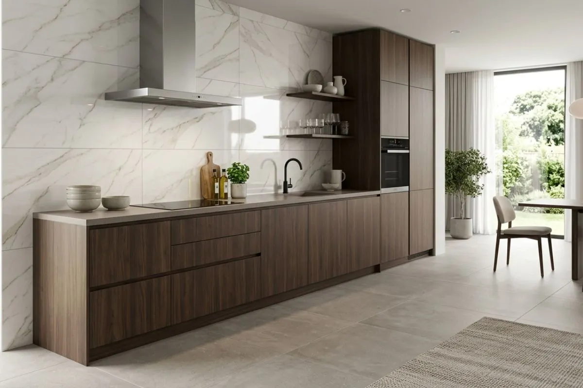 A modern dark wood kitchen setup with a neat and durable Marble vs Tiles floor.