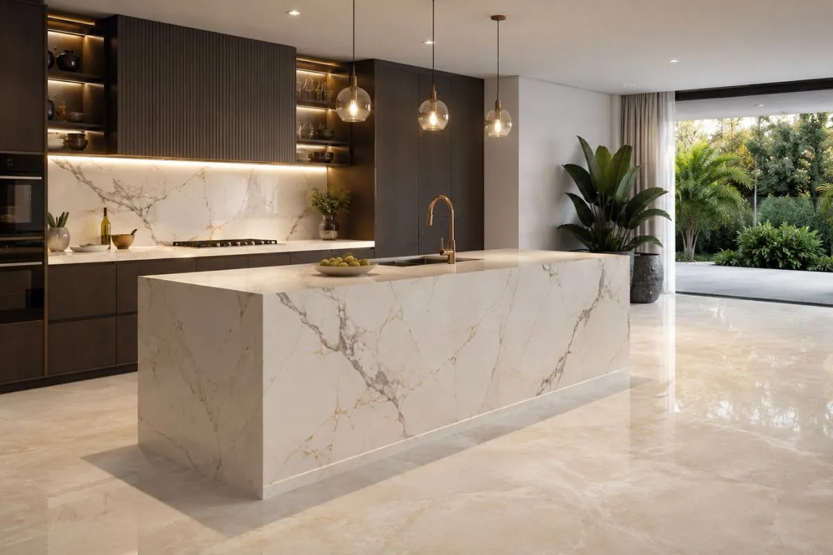 A luxury modern kitchen with a large white marble island.