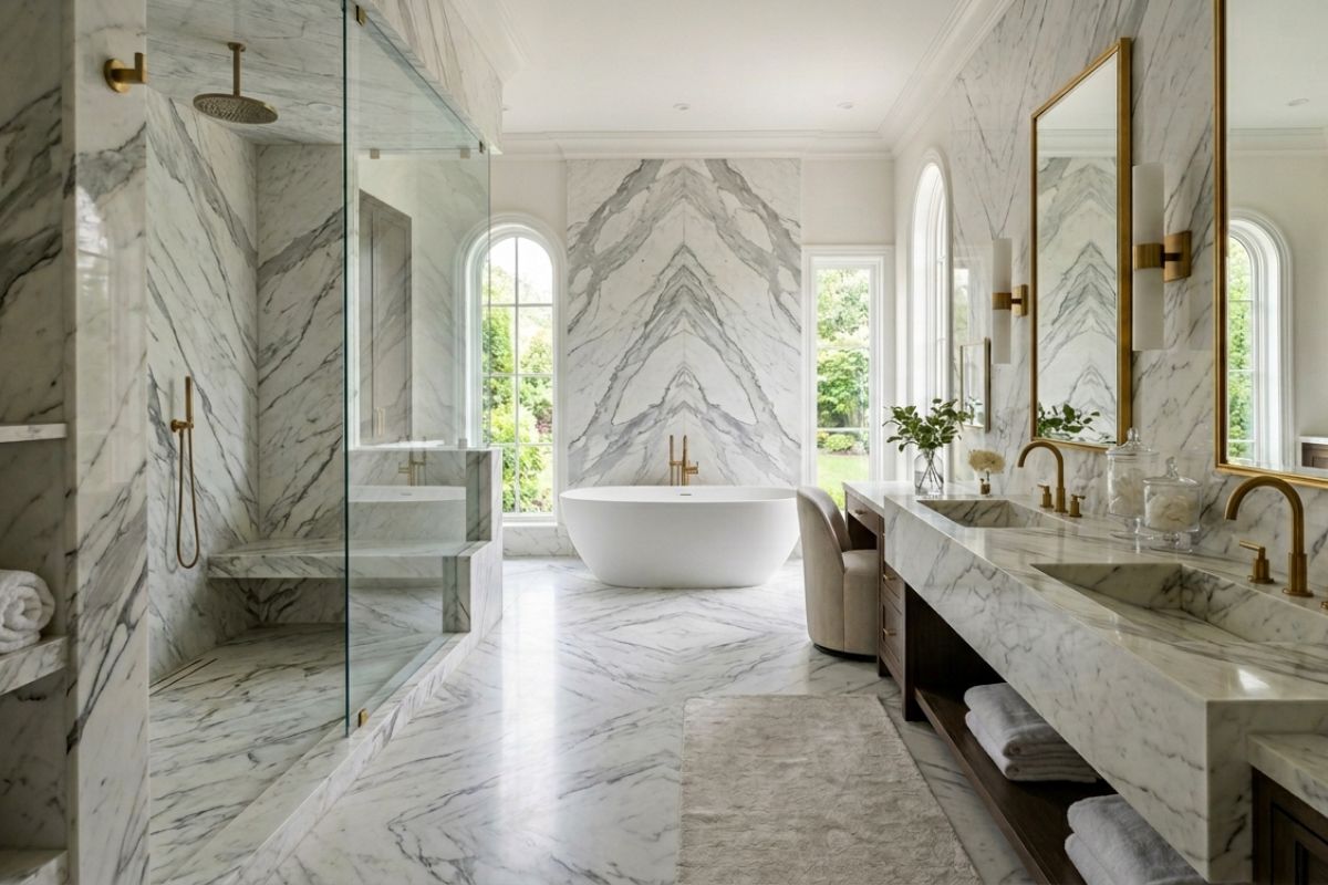 Stunning book-matched Michelangelo Marble walls in a bright, high-end bathroom.