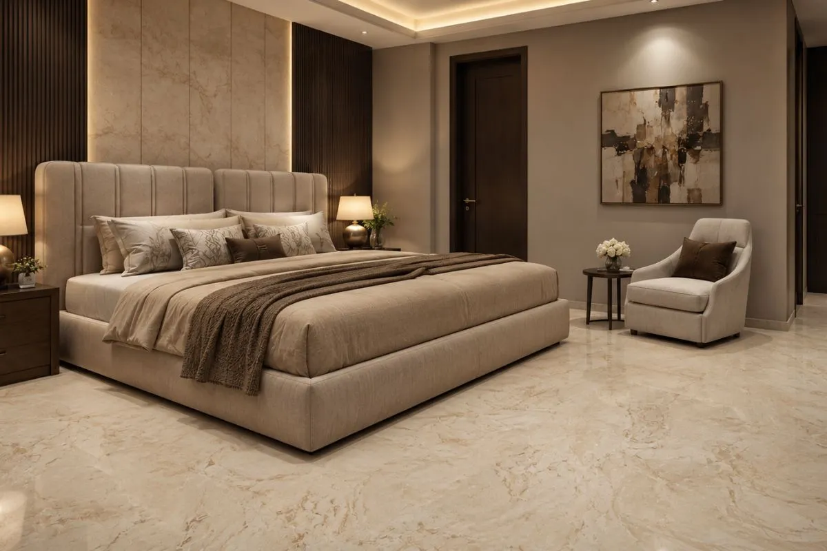 A warm, elegant bedroom with polished marble flooring.