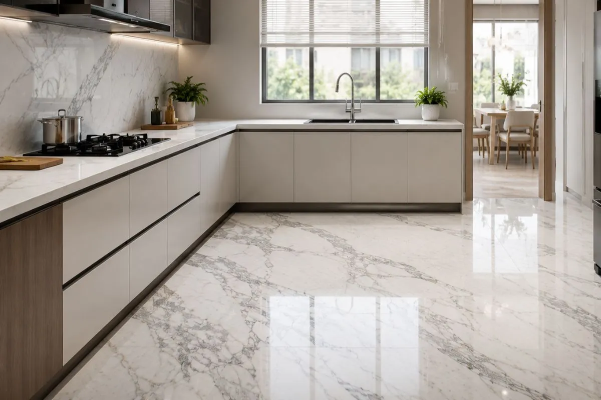 Bright white kitchen with glossy marble floors and a large window.