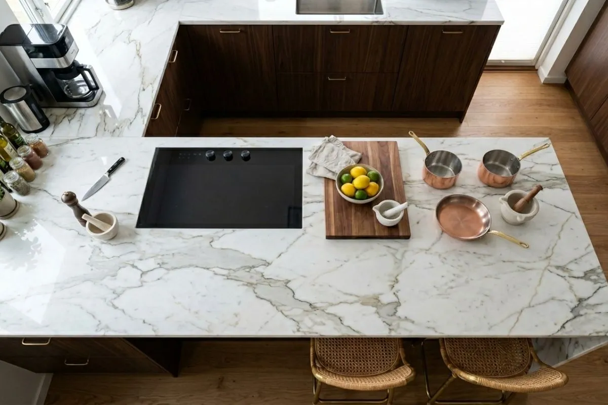 High view of a bright Kitchen Marble Slab island with a stove, bowls, and pots on it.