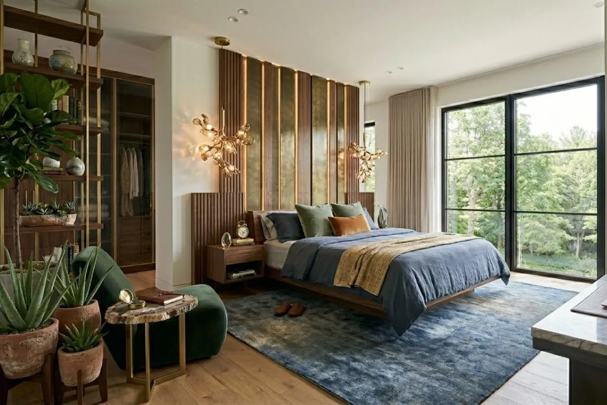 Aloe vera in clay pots used as low maintenance indoor plants in a bedroom with wood panels.