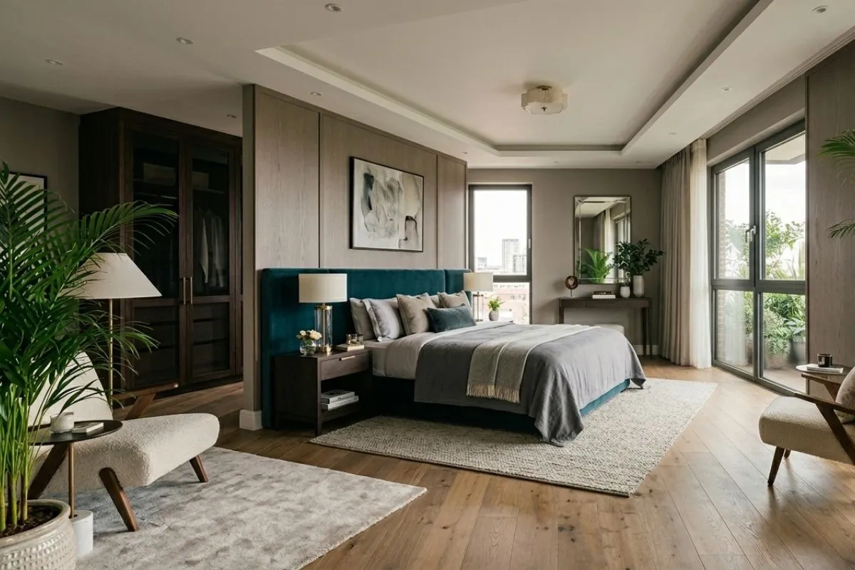 Areca Palm acts as low maintenance indoor plants in a modern bedroom
