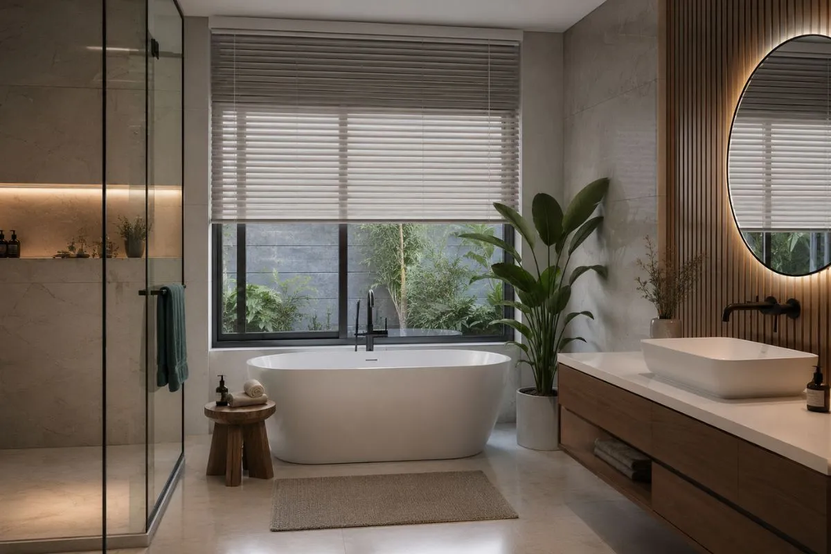 Elegant bathroom with horizontal window blinds above a white bathtub.