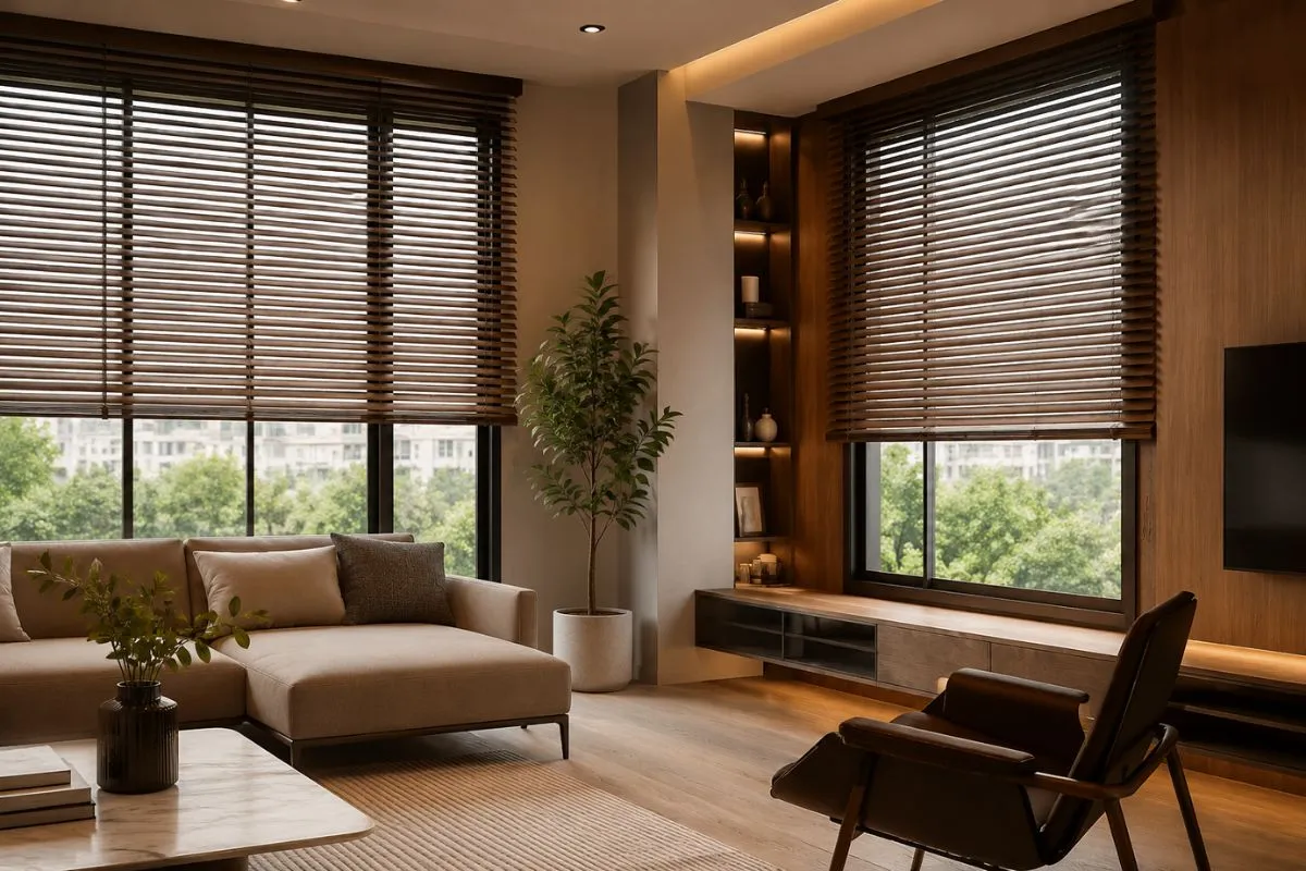 Wooden blinds on large living room windows controlling natural sunlight.