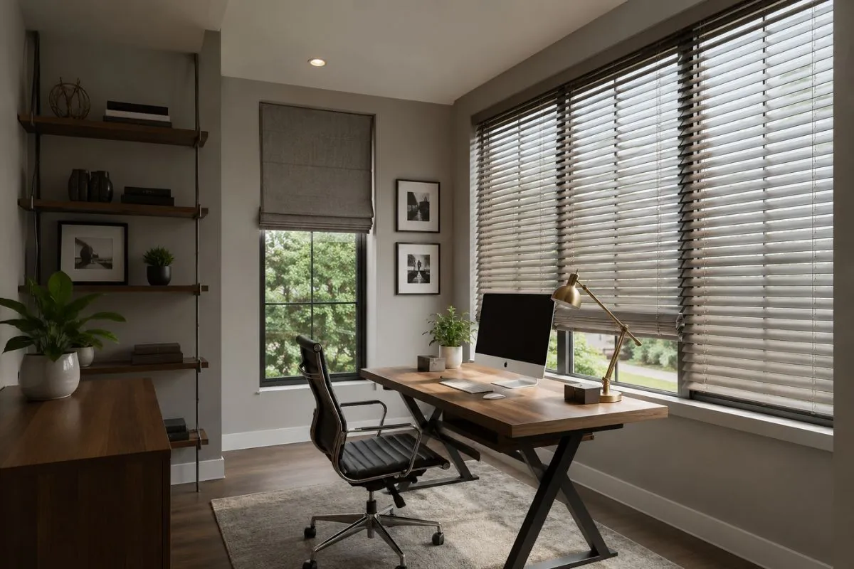 Cozy home office room with wooden window blinds and a modern wooden desk.
