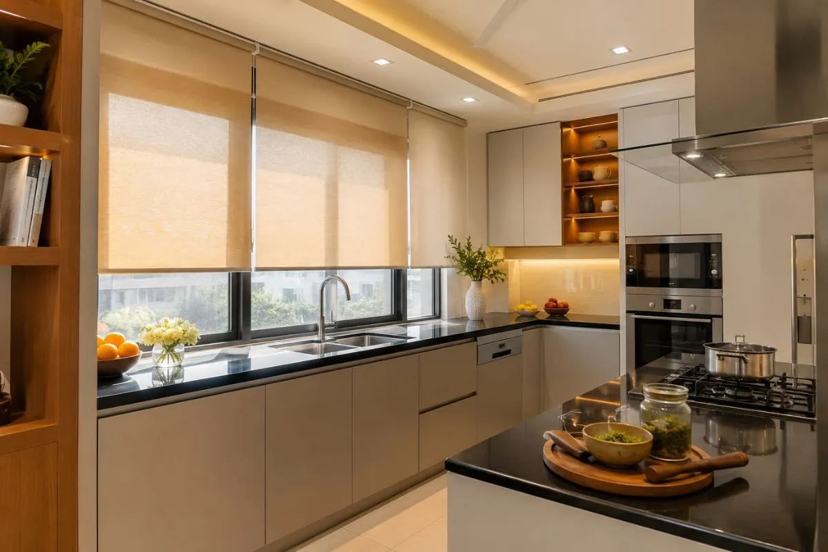 Bright modern kitchen featuring sleek roller blinds over the sink window.