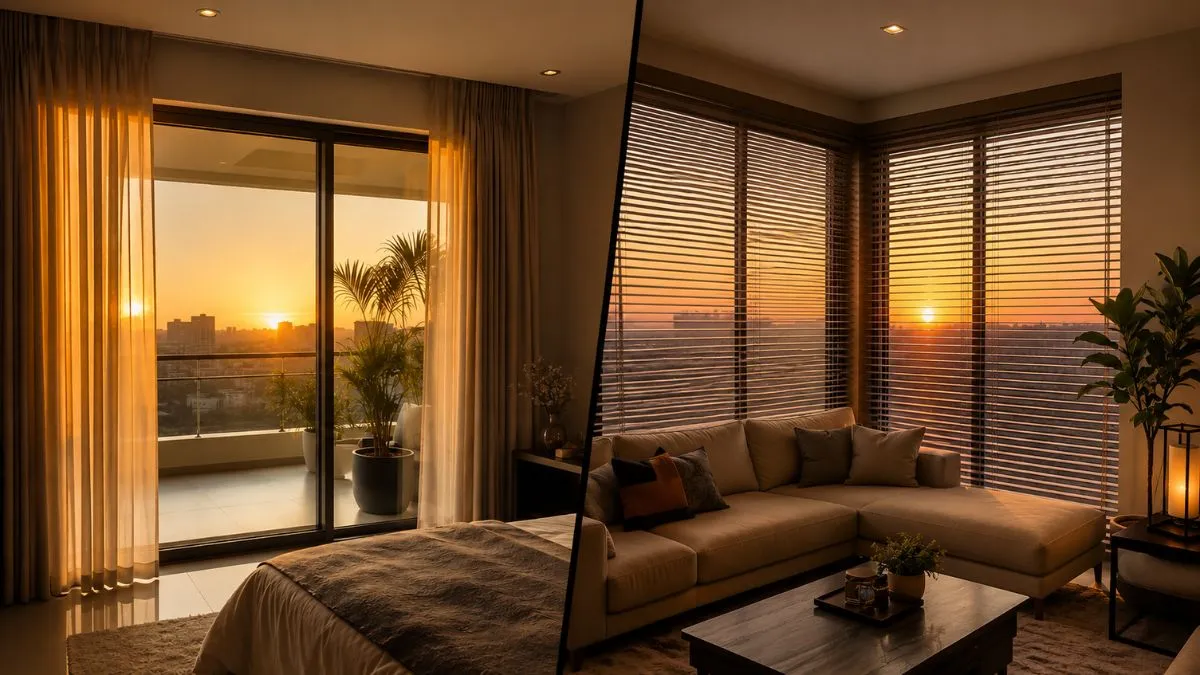 Side-by-side view comparing sheer window curtains with window blinds.