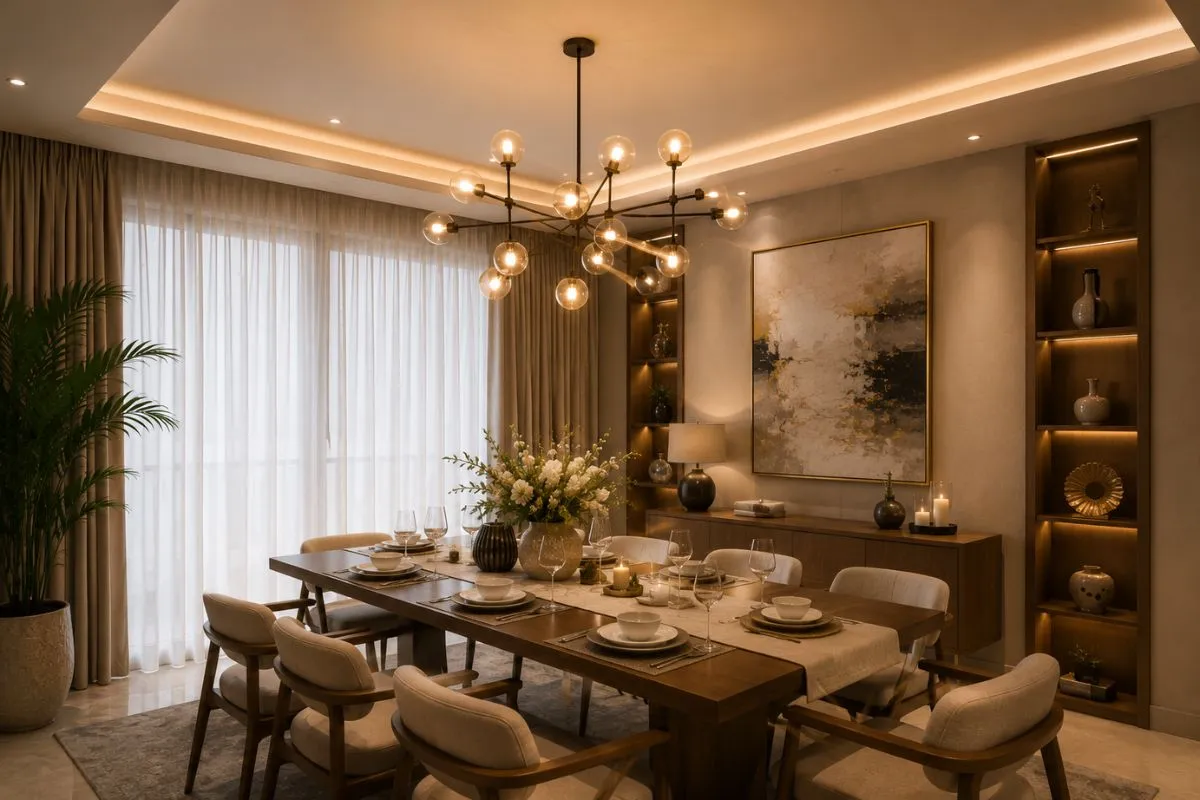 A modern black light fixture with clear glass bulbs hangs above a wooden dining table.