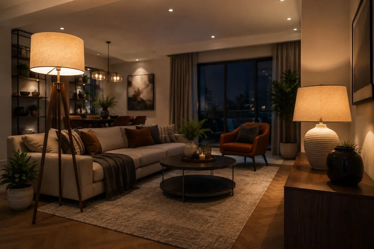 Warm living room featuring a wooden tripod floor lamp and a decorative ceramic table lamp.