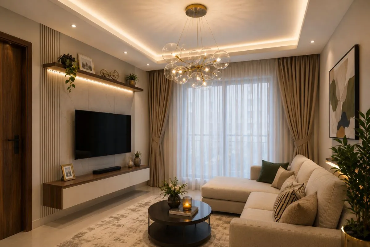 A glass bubble chandelier light hangs over a sofa and TV area in a cozy, modern living room.