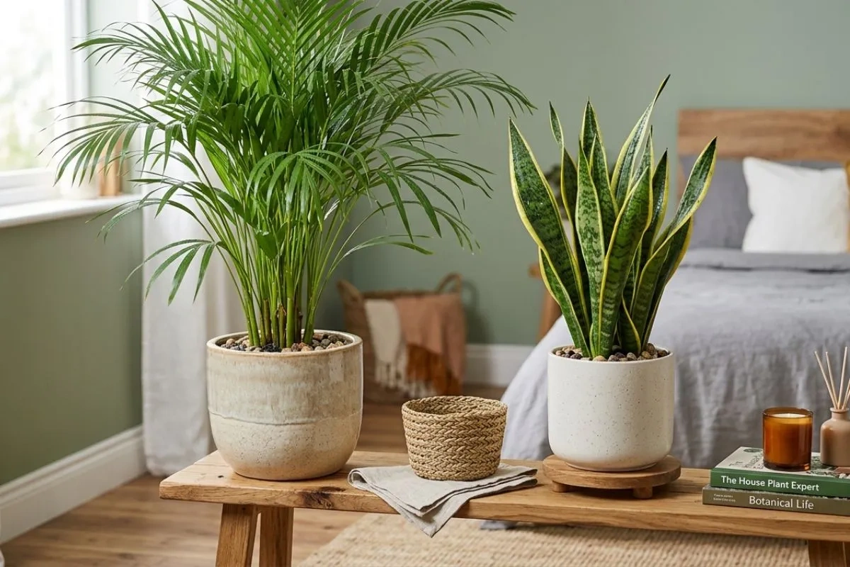 Two ceramic pots with low maintenance indoor plants sitting on a wooden bench in a bedroom.